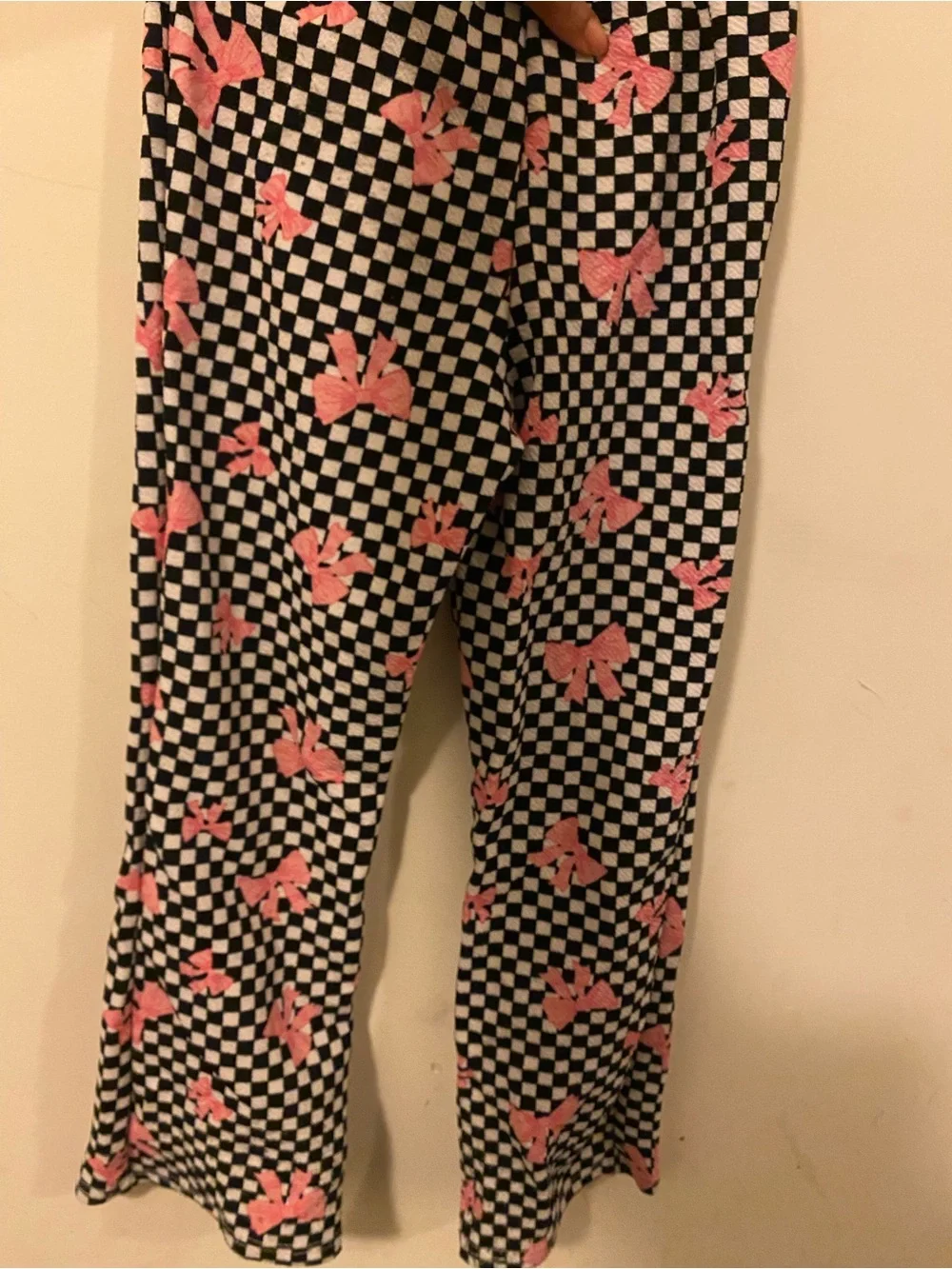 Checkerboard Pants with Pink Bow Print